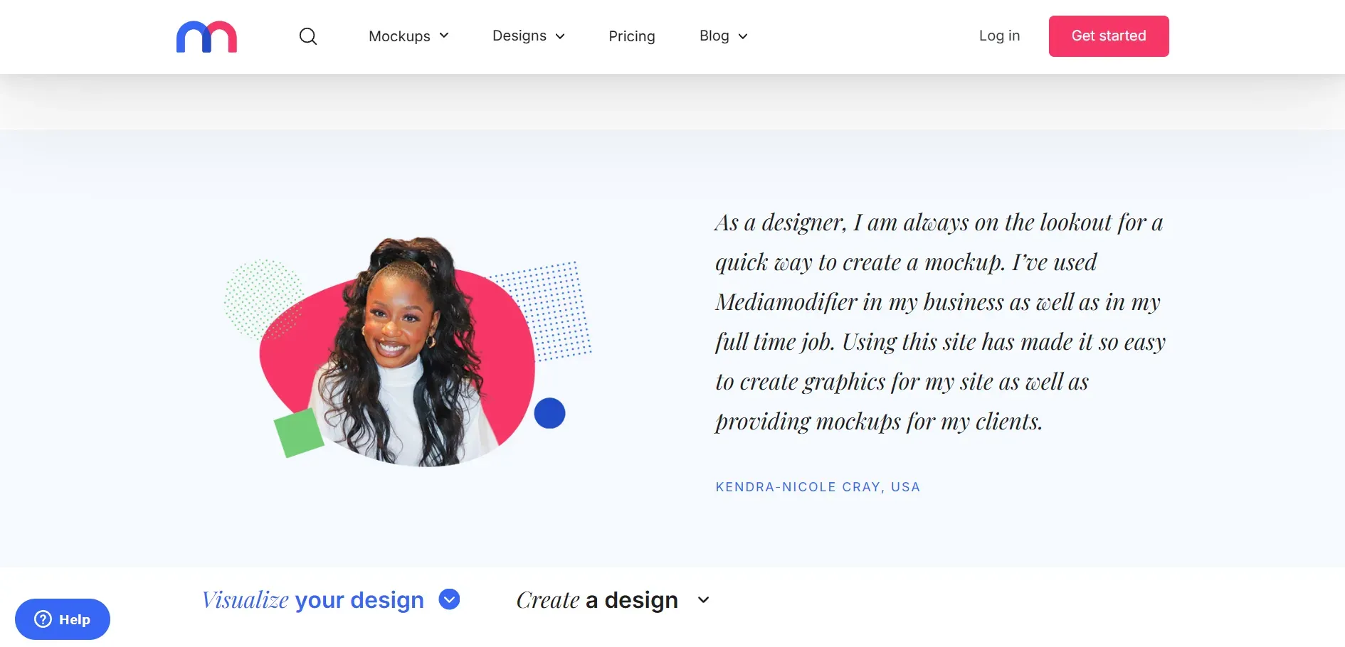 MediaModifier testimonial section featuring designer review and user quote.